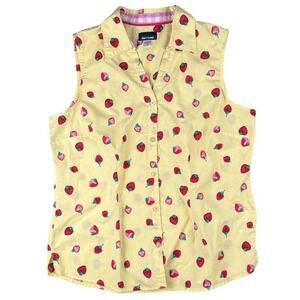 Strawberry Print Sleeveless Blouse Womens Large Yellow Cottagecore Y2K